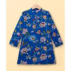 Pine Kids Cotton Woven Full Sleeves Floral Printed Kurta Pajama Set - Blue