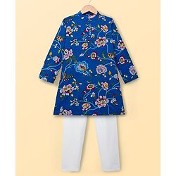 Pine Kids Cotton Woven Full Sleeves Floral Printed Kurta Pajama Set - Blue