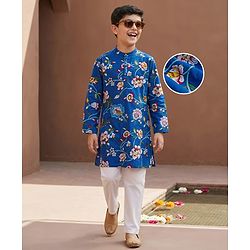 Pine Kids Cotton Woven Full Sleeves Floral Printed Kurta Pajama Set - Blue
