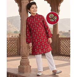 Pine Kids Cotton Woven Full Sleeves Kurta Pajama Set With Floral Print - Red