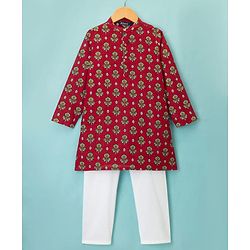 Pine Kids Cotton Woven Full Sleeves Kurta Pajama Set With Floral Print - Red