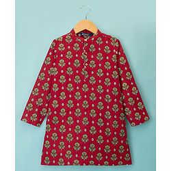 Pine Kids Cotton Woven Full Sleeves Kurta Pajama Set With Floral Print - Red