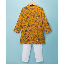 Pine Kids Cotton Woven Full Sleeves Kurta Pajama Set With Floral Print - Mustard