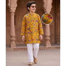 Pine Kids Cotton Woven Full Sleeves Kurta Pajama Set With Floral Print - Mustard