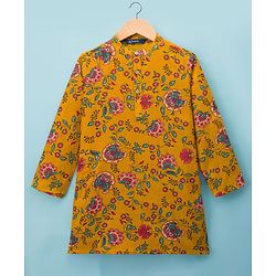 Pine Kids Cotton Woven Full Sleeves Kurta Pajama Set With Floral Print - Mustard