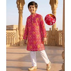Pine Kids Cotton Woven Full Sleeves Kurta Pajama Set With Floral Print - Multicolour