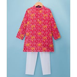Pine Kids Cotton Woven Full Sleeves Kurta Pajama Set With Floral Print - Multicolour