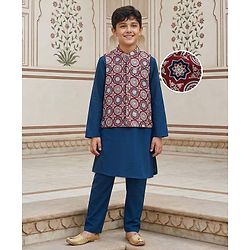 Pine Kids Cotton Woven Full Sleeves Kurta Pajama with Jacket & Motif Print - Maroon