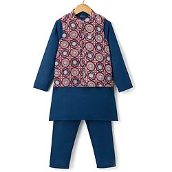 Pine Kids Cotton Woven Full Sleeves Kurta Pajama with Jacket & Motif Print - Maroon