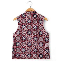 Pine Kids Cotton Woven Full Sleeves Kurta Pajama with Jacket & Motif Print - Maroon