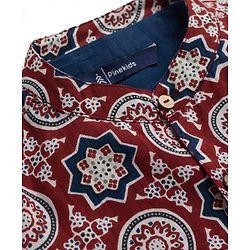 Pine Kids Cotton Woven Full Sleeves Kurta Pajama with Jacket & Motif Print - Maroon