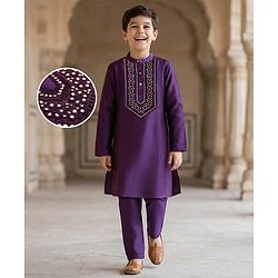 Pine Kids Woven Full Sleeves Kurta Pajama Set With Sequin Detailing - Purple
