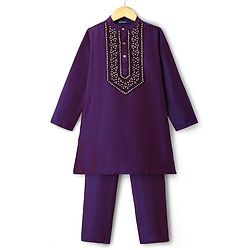 Pine Kids Woven Full Sleeves Kurta Pajama Set With Sequin Detailing - Purple