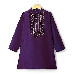 Pine Kids Woven Full Sleeves Kurta Pajama Set With Sequin Detailing - Purple