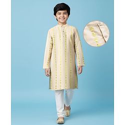 Pine Kids Woven Full Sleeves Kurta Pajama Set with Embroidery - Beige