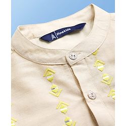 Pine Kids Woven Full Sleeves Kurta Pajama Set with Embroidery - Beige