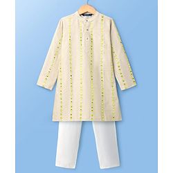 Pine Kids Woven Full Sleeves Kurta Pajama Set with Embroidery - Beige