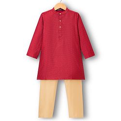 Pine Kids Woven Full Sleeves Embroidered Kurta Pajama Set - Maroon