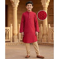 Pine Kids Woven Full Sleeves Embroidered Kurta Pajama Set - Maroon