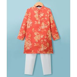 Pine Kids Woven Full Sleeves Kurta Pyjama Set With Floral Print - Orange
