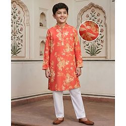 Pine Kids Woven Full Sleeves Kurta Pyjama Set With Floral Print - Orange