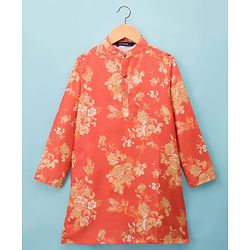 Pine Kids Woven Full Sleeves Kurta Pyjama Set With Floral Print - Orange