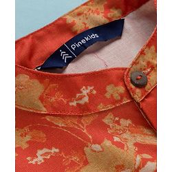 Pine Kids Woven Full Sleeves Kurta Pyjama Set With Floral Print - Orange