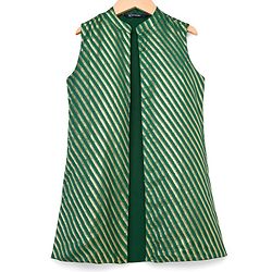 Pine Kids Woven Full Sleeves Kurta Pajama & Jacket Set with Stripes - Green