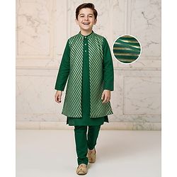 Pine Kids Woven Full Sleeves Kurta Pajama & Jacket Set with Stripes - Green