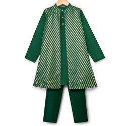 Pine Kids Woven Full Sleeves Kurta Pajama & Jacket Set with Stripes - Green