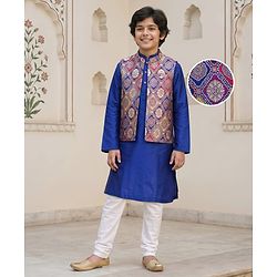 Pine Kids Woven Full Sleeves Kurta Pajama with Jacket & Motif Print - Navy Blue