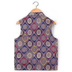 Pine Kids Woven Full Sleeves Kurta Pajama with Jacket & Motif Print - Navy Blue