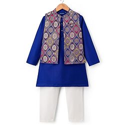 Pine Kids Woven Full Sleeves Kurta Pajama with Jacket & Motif Print - Navy Blue
