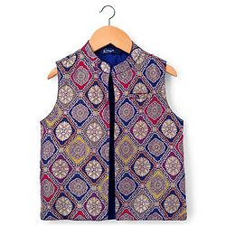 Pine Kids Woven Full Sleeves Kurta Pajama with Jacket & Motif Print - Navy Blue