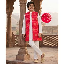 Pine Kids Woven Full Sleeves Kurta Pyjama Set With Foil Printed Nehru Jacket - Off White & Red