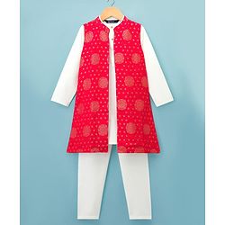 Pine Kids Woven Full Sleeves Kurta Pyjama Set With Foil Printed Nehru Jacket - Off White & Red