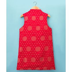 Pine Kids Woven Full Sleeves Kurta Pyjama Set With Foil Printed Nehru Jacket - Off White & Red