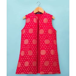 Pine Kids Woven Full Sleeves Kurta Pyjama Set With Foil Printed Nehru Jacket - Off White & Red