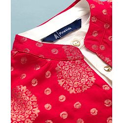 Pine Kids Woven Full Sleeves Kurta Pyjama Set With Foil Printed Nehru Jacket - Off White & Red