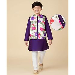 Pine Kids Woven Full Sleeves Kurta Pajama Set with Jacket & Tropical Theme Print - Purple
