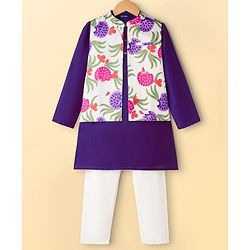 Pine Kids Woven Full Sleeves Kurta Pajama Set with Jacket & Tropical Theme Print - Purple