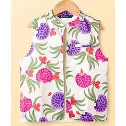 Pine Kids Woven Full Sleeves Kurta Pajama Set with Jacket & Tropical Theme Print - Purple