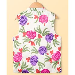 Pine Kids Woven Full Sleeves Kurta Pajama Set with Jacket & Tropical Theme Print - Purple