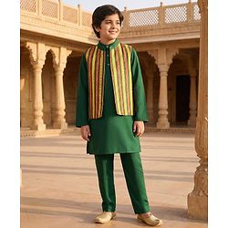 Pine Kids Woven Full Sleeves Kurta Pyjama Set With Embroidered Nehru Jacket - Green