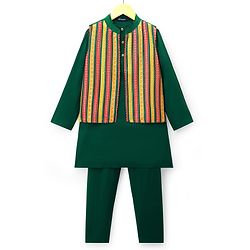 Pine Kids Woven Full Sleeves Kurta Pyjama Set With Embroidered Nehru Jacket - Green