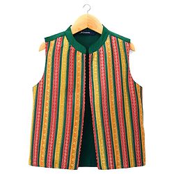 Pine Kids Woven Full Sleeves Kurta Pyjama Set With Embroidered Nehru Jacket - Green