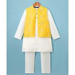 Pine Kids Woven Full Sleeves Kurta Pajama with Jacket Embroidery & Sequin Detailing - Off White & Yellow