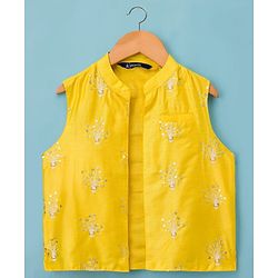 Pine Kids Woven Full Sleeves Kurta Pajama with Jacket Embroidery & Sequin Detailing - Off White & Yellow