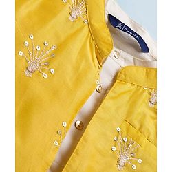 Pine Kids Woven Full Sleeves Kurta Pajama with Jacket Embroidery & Sequin Detailing - Off White & Yellow