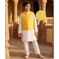 Pine Kids Woven Full Sleeves Kurta Pajama with Jacket Embroidery & Sequin Detailing - Off White & Yellow
